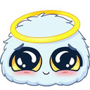 A fluffy blue creature with a golden halo and large, glossy, pleading eyes looking up.