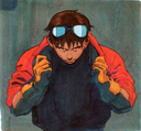 Anime character wearing goggles and a red jacket adjusting their collar with a serious expression.