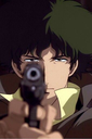 Spike Spiegel from Cowboy Bebop aiming a handgun directly at the viewer with a serious expression.