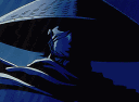 A pixel art warrior wearing a conical hat and mask stares intensely from the shadows.