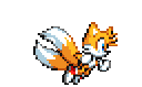 A yellow fox with two tails spinning them rapidly to fly in a pixelated animation.
