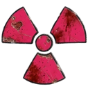 Radiation symbol covered in dark red blood splatters.