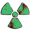 Radiation symbol colored green with dark red stains resembling blood.