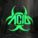 A glowing green biohazard symbol with the word ACID written in the center against a dark background.