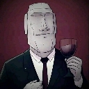 Moai statue wearing a black suit and tie holding a glass of red wine.