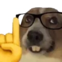 A dog wearing glasses raising a finger in a gesture of correction.