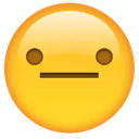 Yellow circular face with a straight line for a mouth and two small brown dots for eyes.