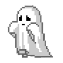 A small white pixelated ghost looking down with a shy and embarrassed expression.