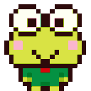 A pixelated green frog character with large eyes and pink cheeks, displaying a red heart symbol.
