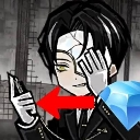 Anime character with a cracked mask points to the left at a large glowing blue gemstone.