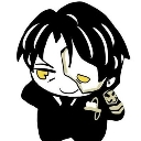 Chibi character with black hair and yellow eyes wearing a suit and giving a smug, mischievous grin.