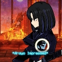 An anime character with black hair looking unimpressed in front of a burning background.