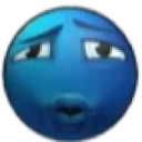 Blue emoji face with puckered lips and a skeptical expression.