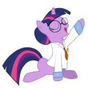 Twilight Sparkle wearing glasses and a white shirt with a tie, waving one hoof in the air.