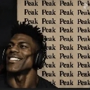 Man with a very defined jawline and headphones smiling confidently with a repeating text background.