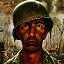 Soldier wearing a helmet with a hollow, shell-shocked thousand-yard stare expression.