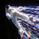 An astronaut in a white suit flying through space with a motion blur effect.