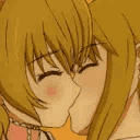 Two anime characters with blonde hair sharing a gentle kiss with blushing cheeks.