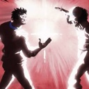Two dark silhouettes facing each other while a bright white explosion erupts between them against a red background.