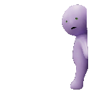 A purple, rounded humanoid figure peeking cautiously from the right side of the frame.