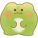 A round green creature with a simple face and blush marks stands with its small arms held together.