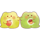 Two cute yellow and green blob creatures holding hands while each holding a snack.