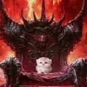 A tiny white kitten sitting on a large, dark, ornate throne against a fiery red background.