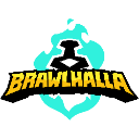 A gold and blue logo featuring a sword and shield icon with the text Brawlhalla.