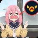 Anime girl with pink hair crying loudly with hands up, next to a circular icon featuring an angry emoji.
