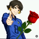 Anime boy wearing a blue jersey pointing with a finger gun while holding a red rose.