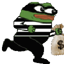 Pepe the Frog wearing a burglar mask and striped shirt running away with a money bag.