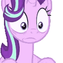 A purple pony with a teal and purple mane shows a progression of shock and confusion, ending with a hoof covering its face i…