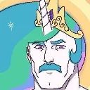 A man with a blue mustache and a unicorn horn crown looking sideways with a suspicious, judgmental expression.