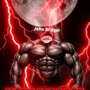 A headless, extremely muscular torso standing in front of a moon with red lightning bolts striking around it.