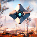A geometric white drone with a glowing blue eye floats above a barren, ruined landscape.
