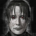 Man with a grim expression and glowing red eyes stares intensely forward.