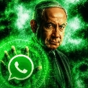 Benjamin Netanyahu appears with a glowing green aura while holding a floating green messaging app icon.