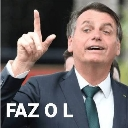 Jair Bolsonaro in a suit pointing his index finger upward with the text FAZ O L overlaid at the bottom.