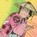 Man wearing a straw hat and pink kimono looking confused with a sweat drop on his forehead.
