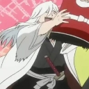 An anime character with long white hair and a white haori joyfully hugging a large red cylindrical object.