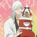 Anime man with long white hair smiling while holding a large red Santa stocking.