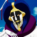 A masked character with a black and white face design and a golden headpiece stares forward with a serious expression.