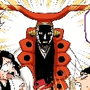 A masked figure with a red headpiece looms over two panicked anime characters.