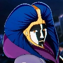 A masked character with blue hair and a black-and-white face mask looking intently at the viewer.