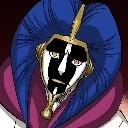 Masked character with blue hair and a black and white mask staring forward with a serious expression.