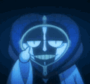 Hooded character with a dark mask pulls a playful face by sticking out its tongue.