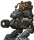 A repeating sequence of a dark gray mechanical robot with orange accents and a pilot sitting inside.