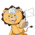 A cartoon plush lion with a bandage on its head crying while waving a white flag.