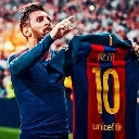 Lionel Messi holding up his number 10 jersey in a celebratory pose.