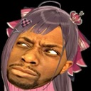 Man with a skeptical side-eye expression wearing a pink anime-style wig and crown.